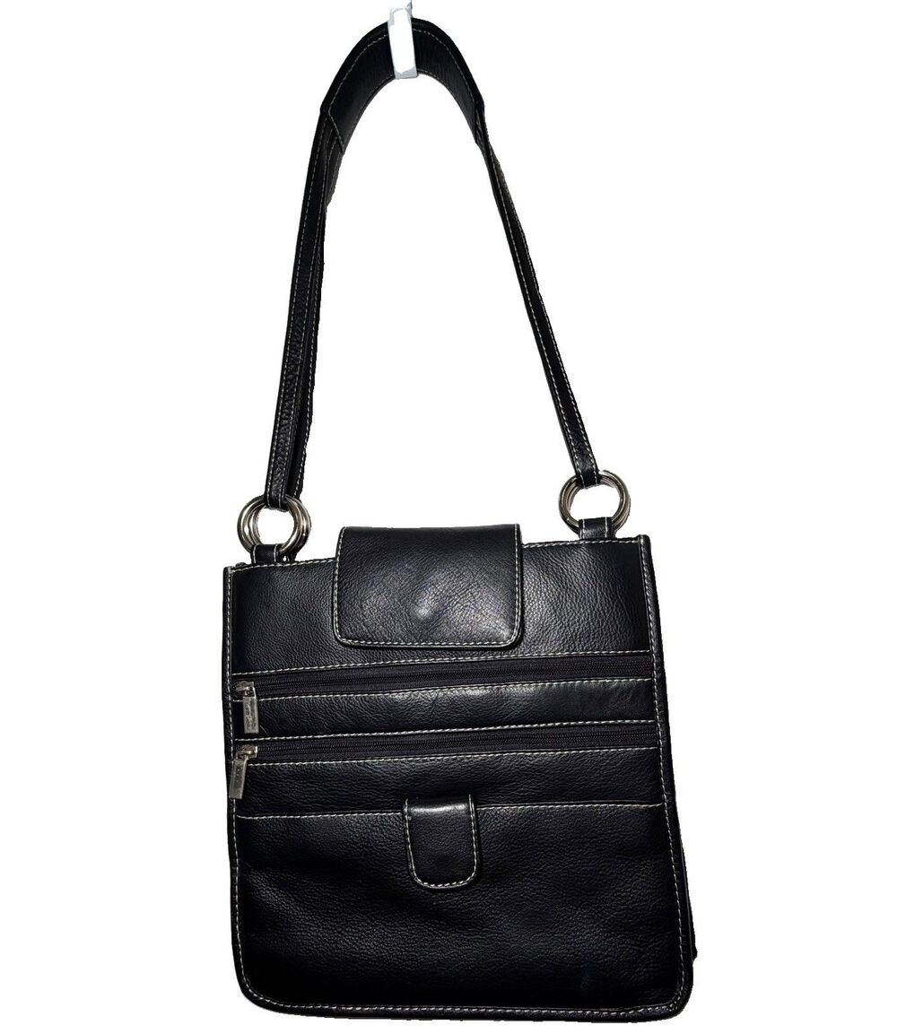 Biacci Black Genuine Leather Organizer Shoulder Bag Multi Pocket Contrast Stitch